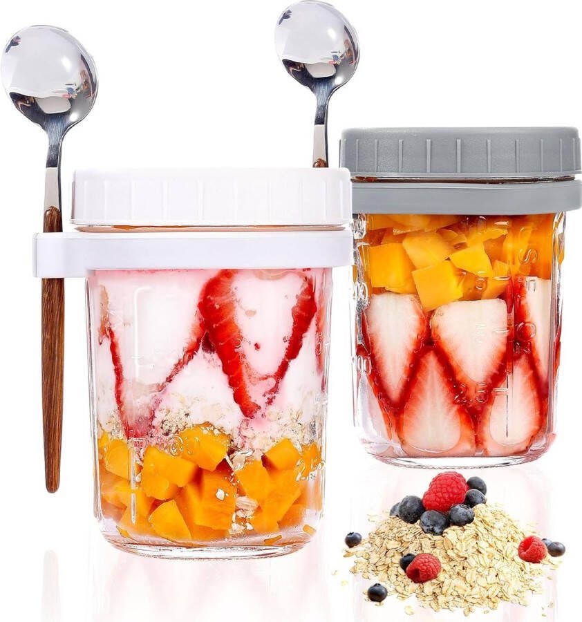 Glazen mueslibeker om mee te nemen met lepel 2 stuks overnight havercontainers haverpotten 350 ml inmaakpotten overnight Oats glazen saladebekers voor yoghurt pap cornflakes muesli