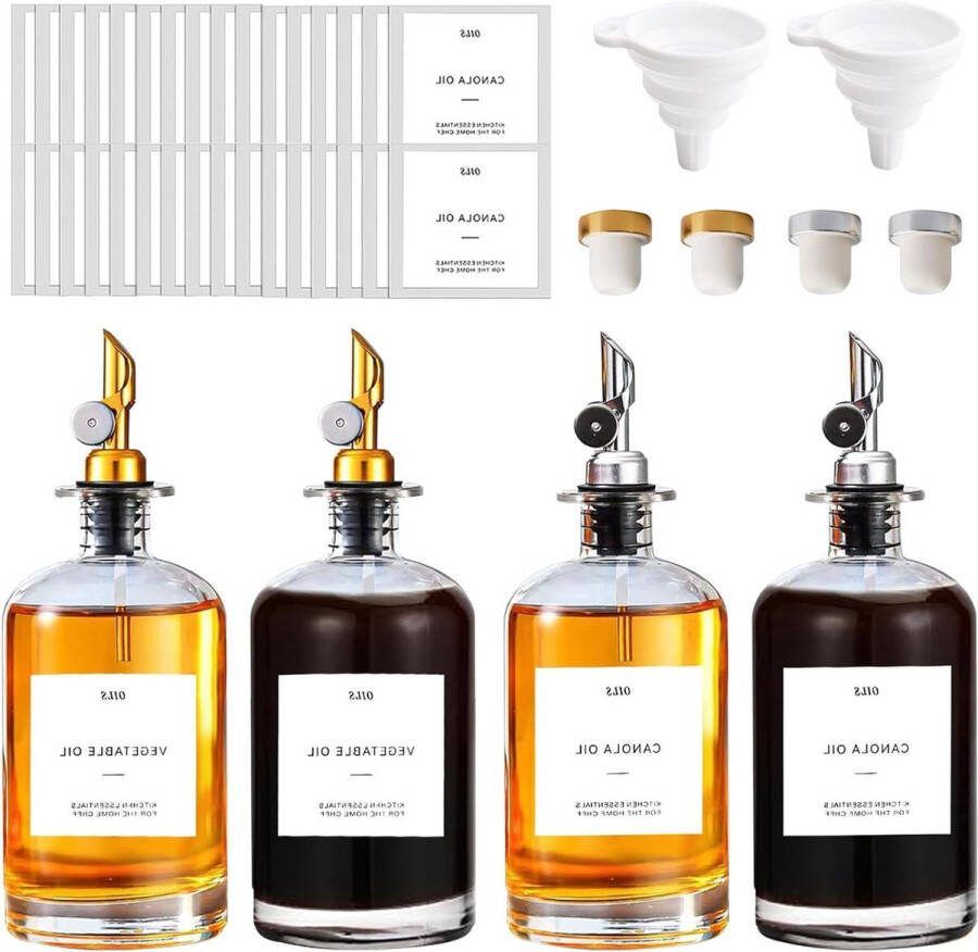 Glazen Oliedispenser Fles 4 Stuks 500ml Met Trechter Sausfles Karaf Olie Tuit Koffie Siroop Dispenser