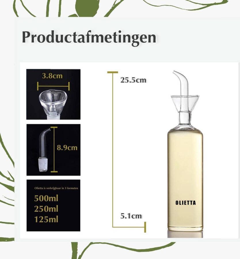 Glazen Oliefles Olie- en Azijnset en Drizzler Druppel- Lek- en Knoeivrij – 500 ML 0 5 Liter – Geweldige Olijfolie fles voor het Gieten en Druppelen van Olie en Azijn