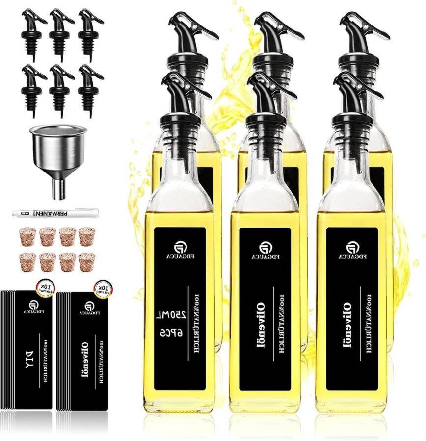 Glazen olieflessenset 250 ml (6 stuks) Duitse voorgedrukte labels doe-het-zelf labels olieflessen om te vullen met olijfolie