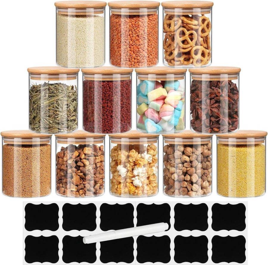 Glazen opbergpotten 200 ml bamboe deksels set van 12 luchtdichte keukenopbergers voor kruiden en snacks
