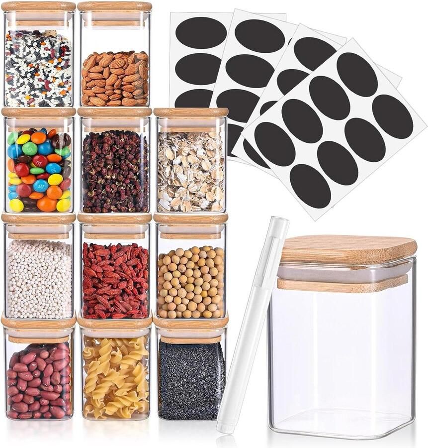 Glazen potjes set van 12 Vierkant Bamboe deksel Voorraadpotten Kruidenpotjes 175 ml Inclusief etiketstickers Krijtstift Kruidenpotjes vierkant