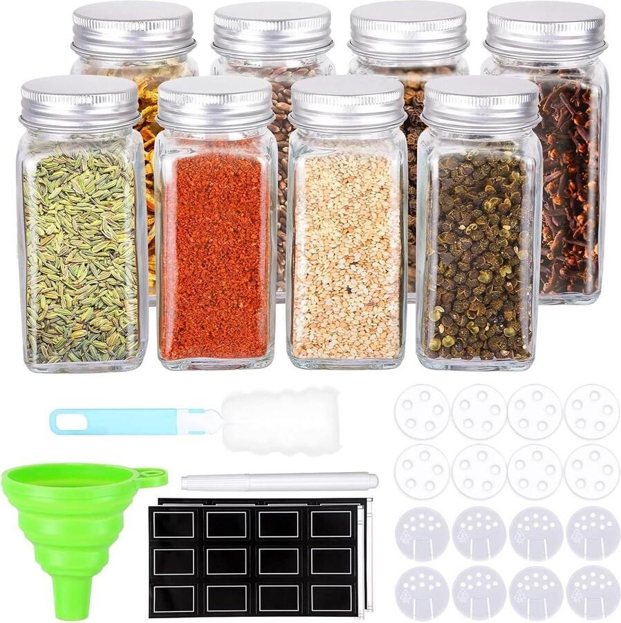 Glazen potjes vierkant Kruiden opbergset met trechter en borstel Etiketten en krijtstift 120 ml (4 oz) Set van 8 Kruidenpotjes vierkant