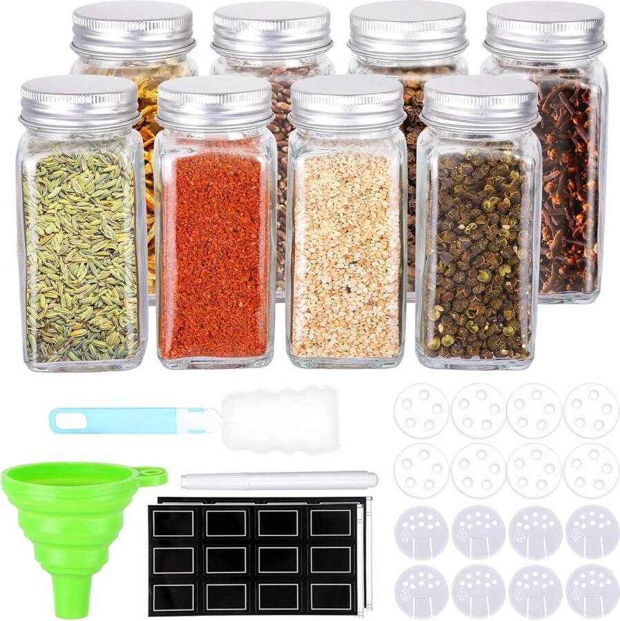 Glazen potjes- vierkant- kruidenpotjes met trechter- borstel- etiketten- krijtstift- 120 ml- 4 oz- set van 8- kruidenpotjes vierkant