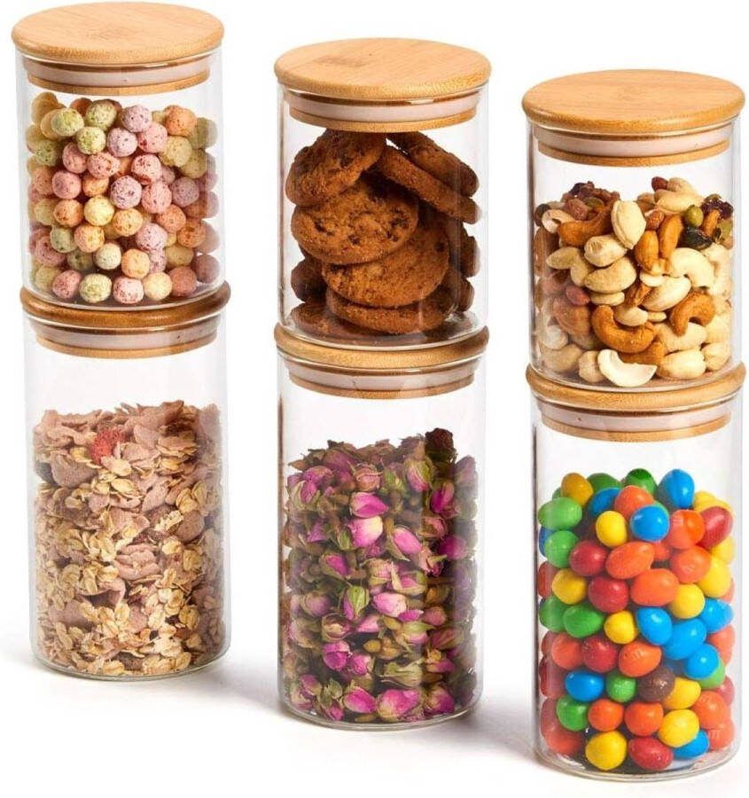Glazen potten met luchtdichte bamboe deksels Set van 6 450 ml en 700 ml Borosilicaat Voedselopslagcontainers Keukenopslag Decoratieve voorraadpotten