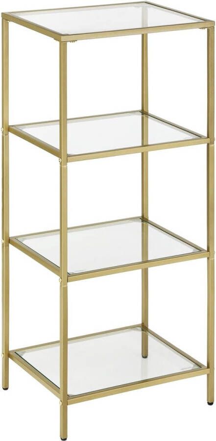 Glazen rek met 4 niveaus boekenkast display gehard glas eenvoudige montage voor badkamer woonkamer slaapkamer kantoor goudkleurig