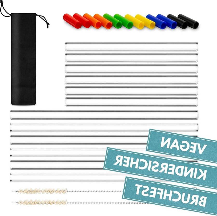 Glazen rietjes 12 stuks onbreekbaar plasticvrij en veganistisch inclusief accessoires voor kinderbescherming meervoudig getest en gecertificeerd Glazen rietjes