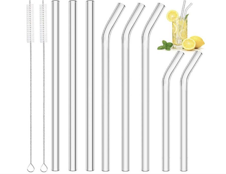 Glazen rietjes herbruikbaar 8 stuks glazen rietjes 2 kleine glazen rietjes + 3 lange rechte glazen rietjes 3 gebogen glazen rietjes met 2 reinigingsborstels voor cocktails smoothies en sappen