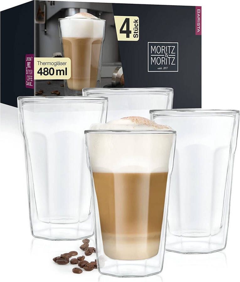 Glazen set 4 x 480 ml latte macchiato glazen dubbelwandig – dubbelwandige glazen voor koffie thee longdrinks of dessert – vaatwasmachinebestendig