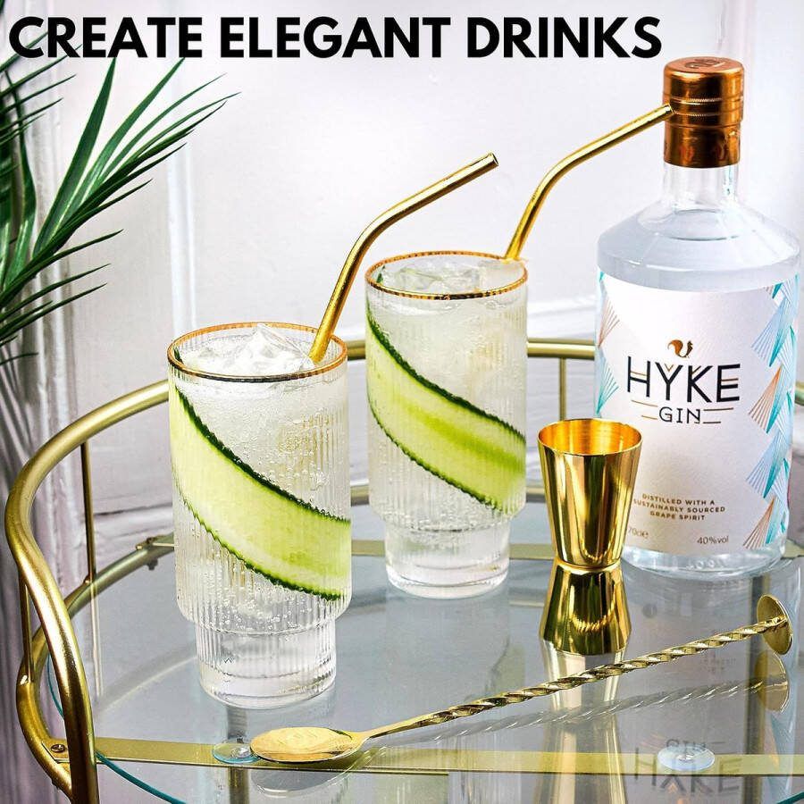 Glazen Set met Gouden Randen Cocktail Accessoires in Goud 2 Ripple cocktailglazen 2 metalen rietjes barlepel en spiritusmeter. Perfect voor gin glas- waterglazen- of latteglazen