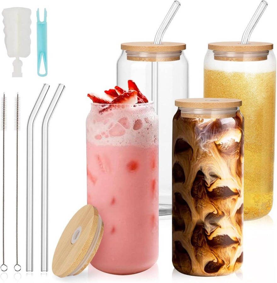 Glazen Set van 4 voor Cocktail 660ml 22oz met Deksels en Rietje Bierglas Cocktailglas Drinkglas Bier Soda Matcha Koude Thee