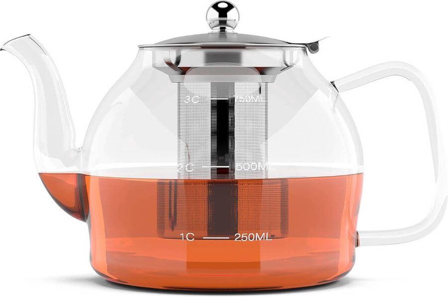 Glazen theepot 800 ml Helder glazen theepot met theezeef voor losse thee biedt plaats aan 2-4 kopjes gemaakt van hittebestendig borosilicaatglas met druppelvrije uitloop en verwijderbaar roestvrij staal