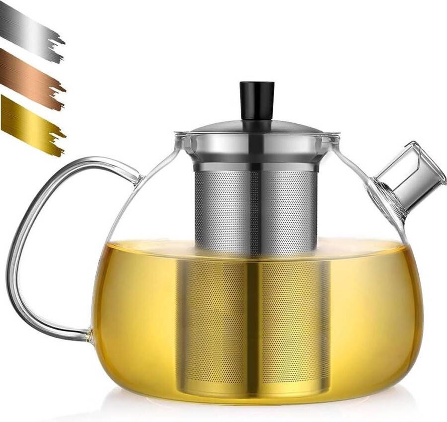 Glazen Theepot met Infuser 1500ml Borosilicaat Glas Theepot voor Theebloemen Losse thee Zilver