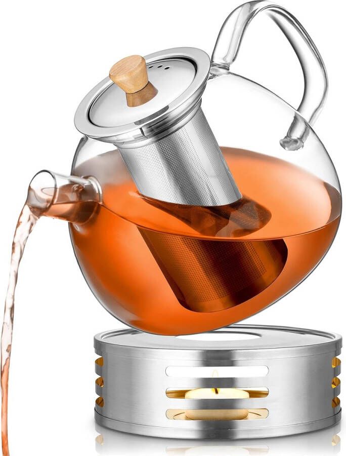 Glazen theepot met roestvrijstalen verwarmingselement theefilter theemaker theepot met filterinzetstuk en Turkse theepotverwarmer (1000 ml)