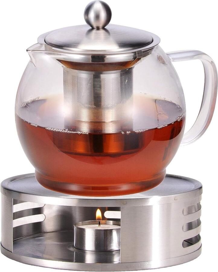 Glazen theepot met stoofje en zeefinzet koffiepot en theezeef inclusief theewarmer ca. 1.2 liter