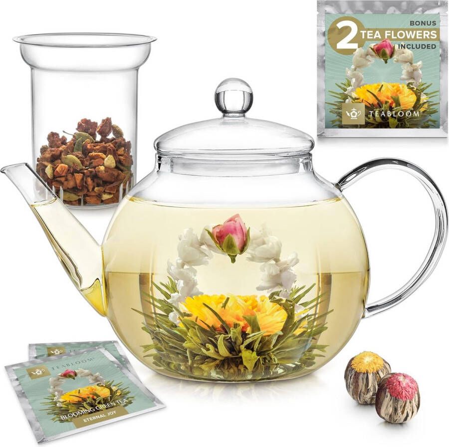 Glazen theepot met verwijderbare theefilter hittebestendig en magnetronbestendig glas inclusief 2 theebloemen 1 2 liter theemaker