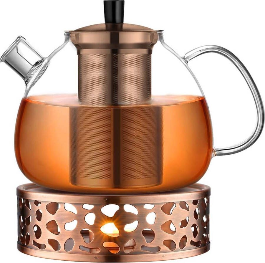 Glazen theepot met warmhouder bronzen champagnekleurige theemaker met verwijderbare roestvrijstalen zeef en deksel 1500 ml