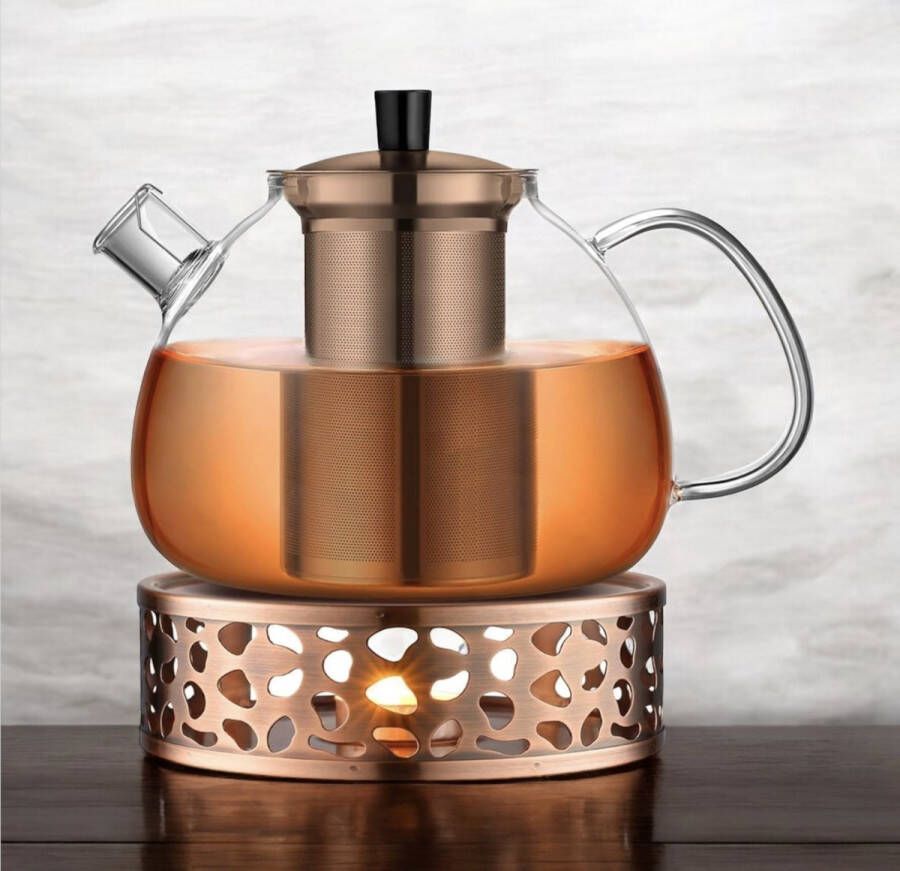 Glazen theepot met warmhouder bronzen champagnekleurige theemaker met verwijderbare roestvrijstalen zeef en deksel 1500 ml