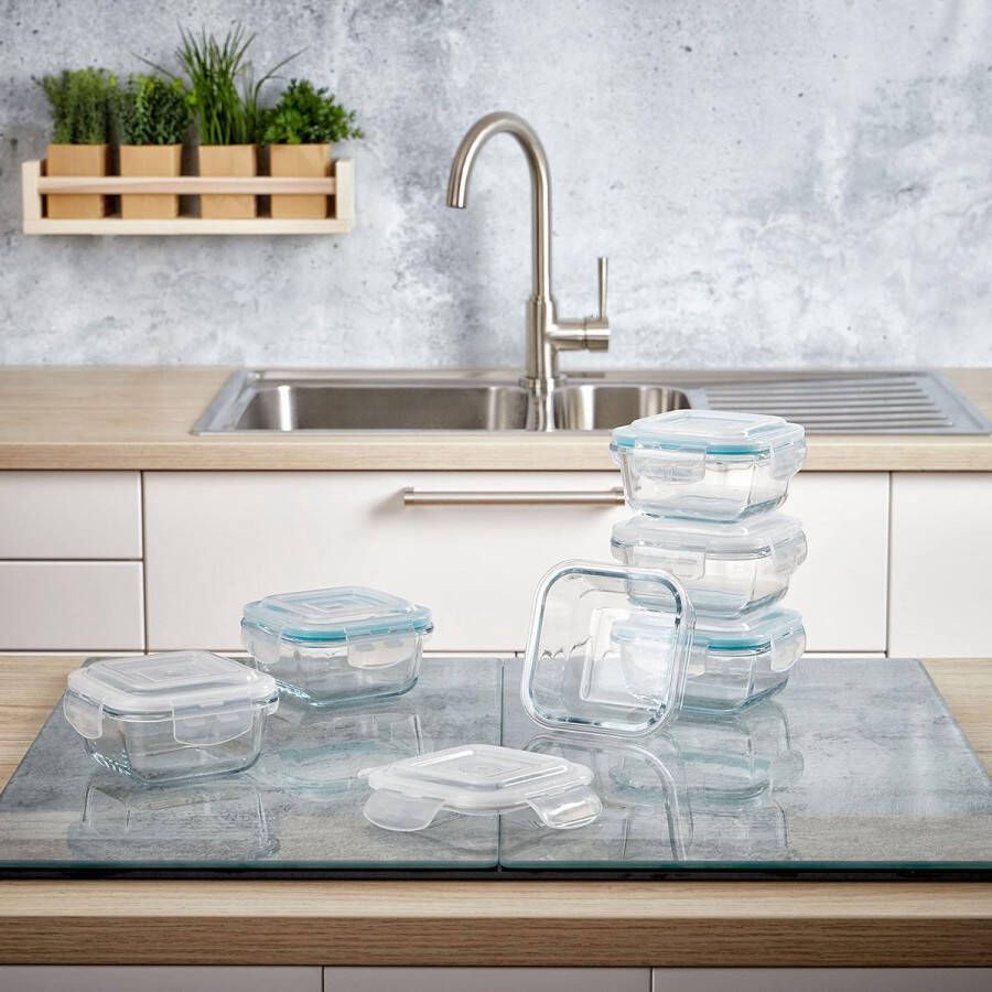 Glazen Vershoudbakjes 6 x 320 ml Ovenschaal met deksels Vierkant Lucht- en vloeistofdichte containers