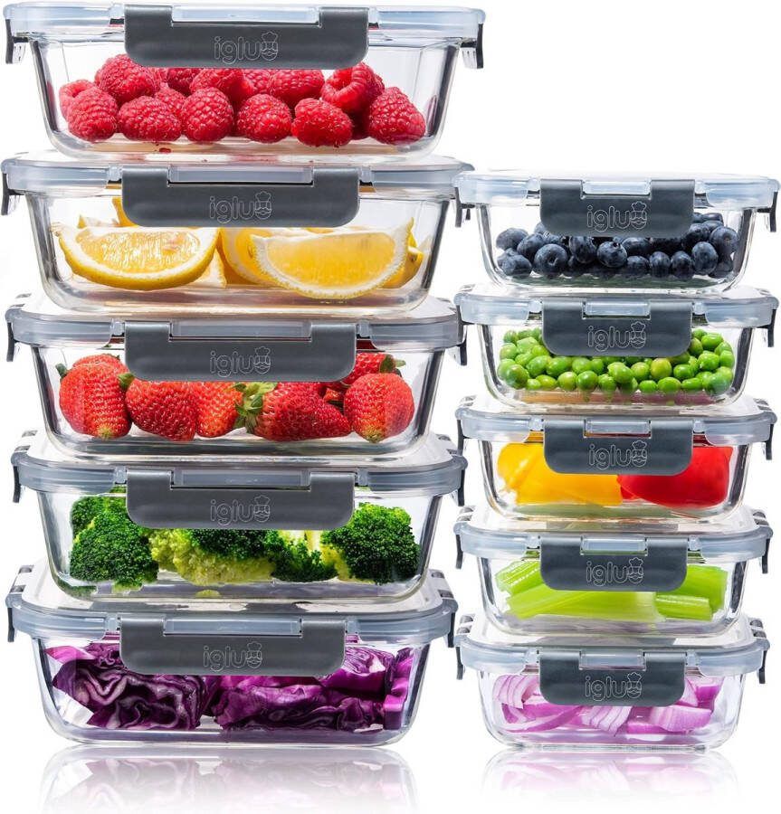 Glazen voedselbewaardozen 10 stuks maaltijdbereidingsdozen met klikslot lekvrije deksels herbruikbare magnetronveilige BPA-vrije lunchdozen (10 dozen en 10 deksels) 1050 ml & 370 ml