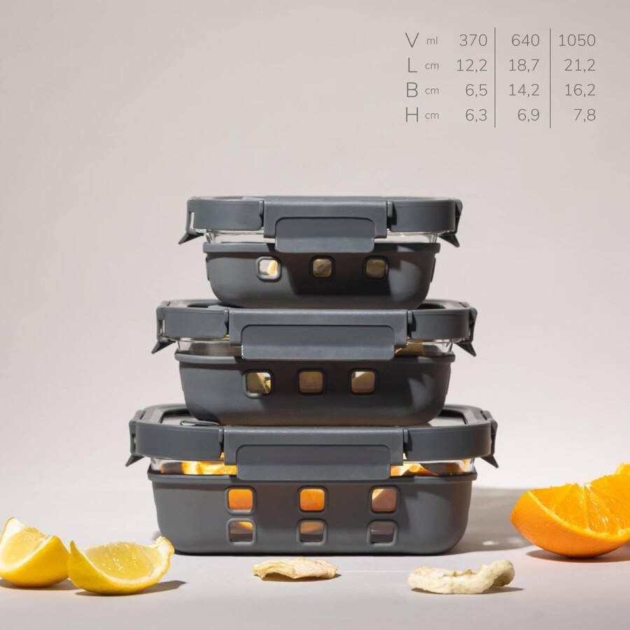 Glazen voedselcontainers met deksel set van 3 (1x 370 ml 1 x 640 ml 1 x 1.050 ml) robuust borosilicaatglas lekvrij vaatwasmachinebestendig temperatuurbestendig BPA-vrij meal prep