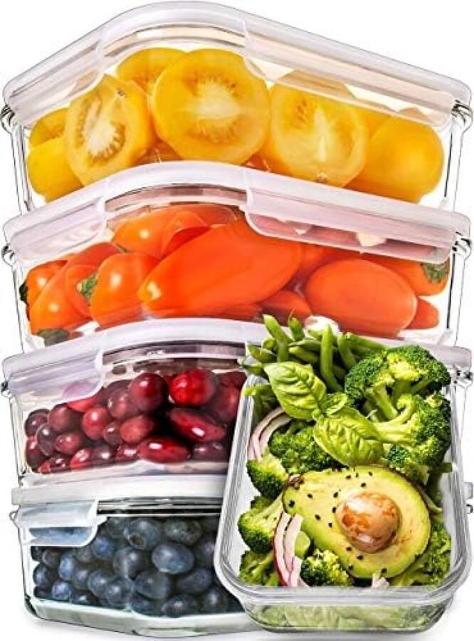 Glazen voedselcontainers met deksels luchtdichte glazen maaltijdbereidingscontainers glazen voedselcontainers voedselopslagcontainers met deksels glazen lunchbox (5-pack 880 ml 1 vak)