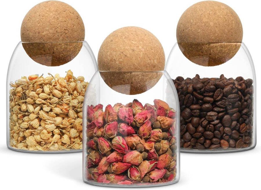 Glazen voedselcontainers met kurkdeksel (480 ml) 3 heldere containers met ronde kurkstop voor keuken voorraadkast opslag serveren van thee koffie