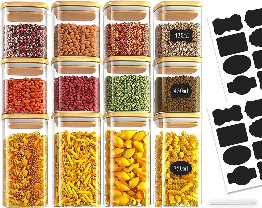 Glazen voorraadpotten set van 12 voorraadpotten van 750 ml 430 ml met vierkante deksels glazen containers houten deksels keuken luchtdicht voor opslag van cornflakes