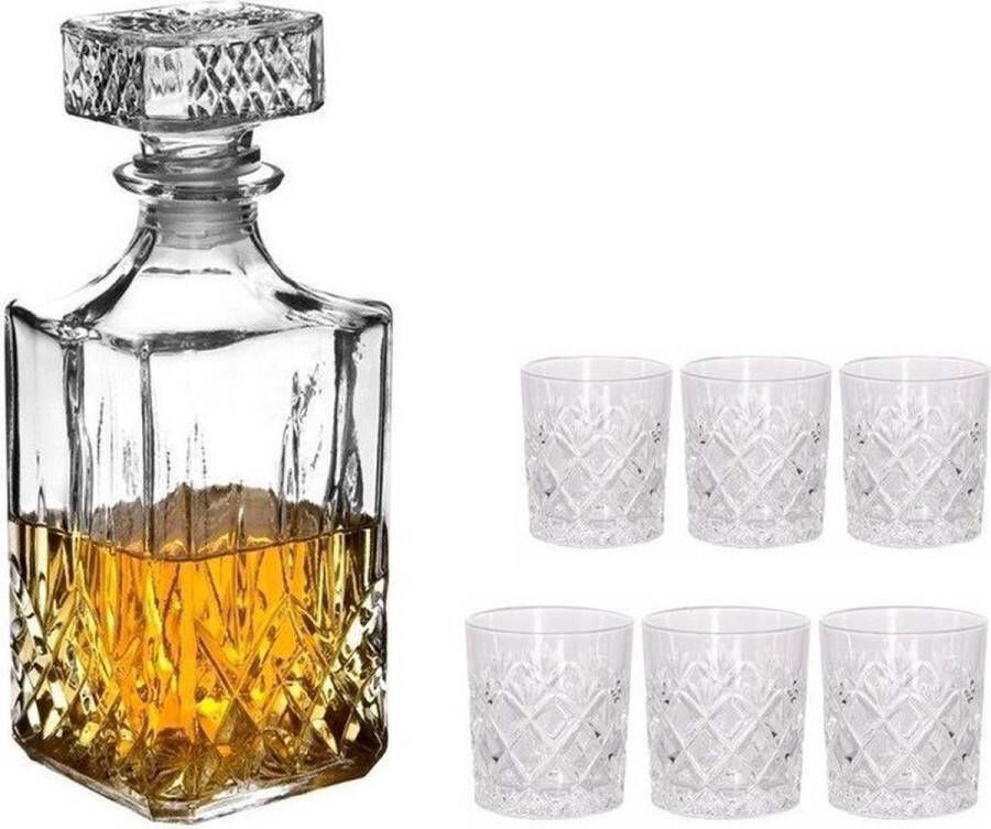 Merkloos Sans marque Glazen whisky water karaf Noblesse 1 liter met 6x luxe whiskeyglazen transparant 200 ml drinkglazen