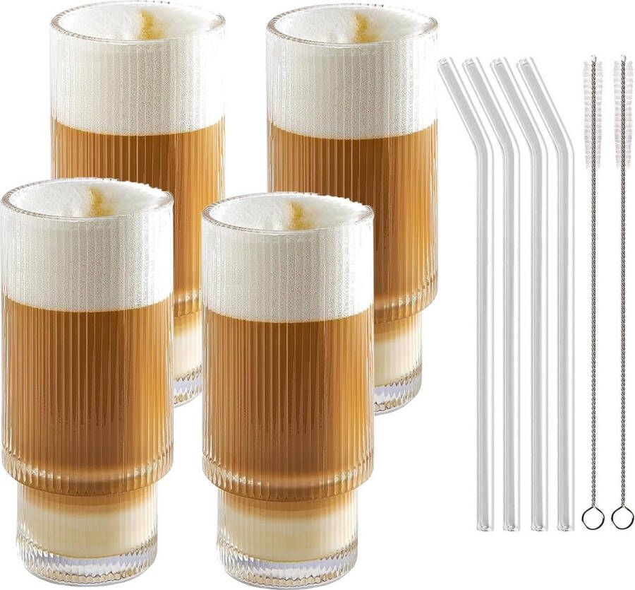 Glazenset met glazen rietje drinkglazen origami-stijl glazen beker ripple vintage glaswerk 4-delige 310 ml longdrinkglazen glazenset ideaal voor cocktailparty's geschenken