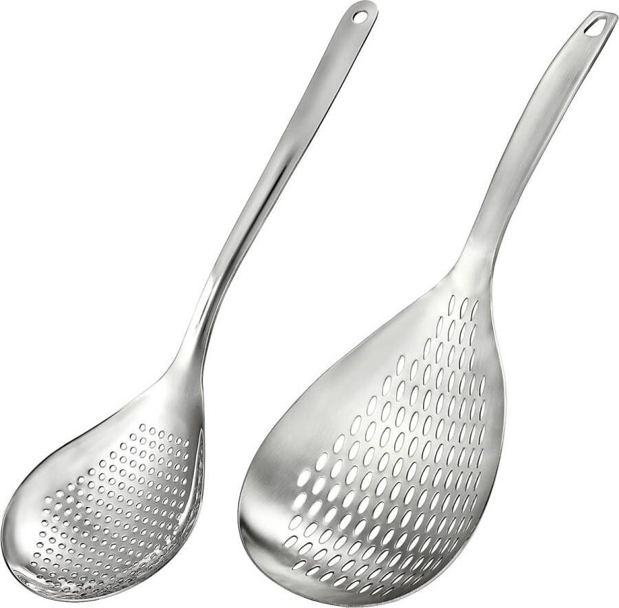 Gleuflepel 34 cm grote roestvrijstalen pollepel Spinzeef met handvat en ophanggaten Friteuseschep Keukenzeef voor koken aftappen en frituren 2 stuks