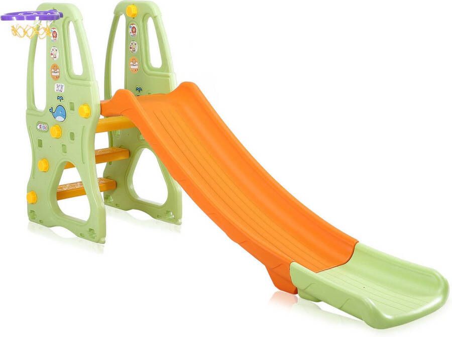 Baby Vivo Glijbaan groen-oranje met basketbalnet kinderglijbaan buitenspeelgoed