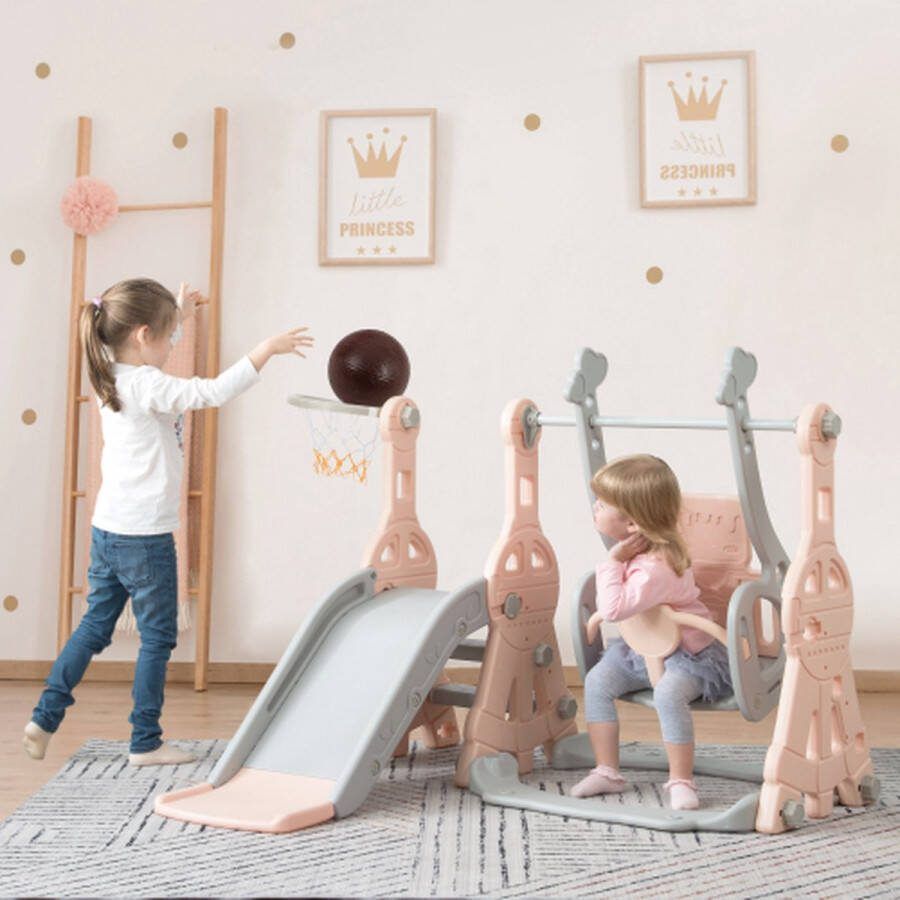 Glijbaan voor kinderen 4 in 1 kinderglijbaanschommel met basketbalstandaard klimladder schommelglijbaan tuinglijbaan voor binnen en buiten