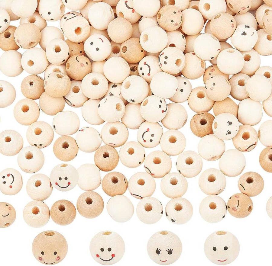Glimlachend gezicht houten kralen 200 stuks 4 stijlen schattig ronde balkralen Happy Face kraal losse afstandskralen glad ketting armband sieraden Houten kralen met gezichtjes