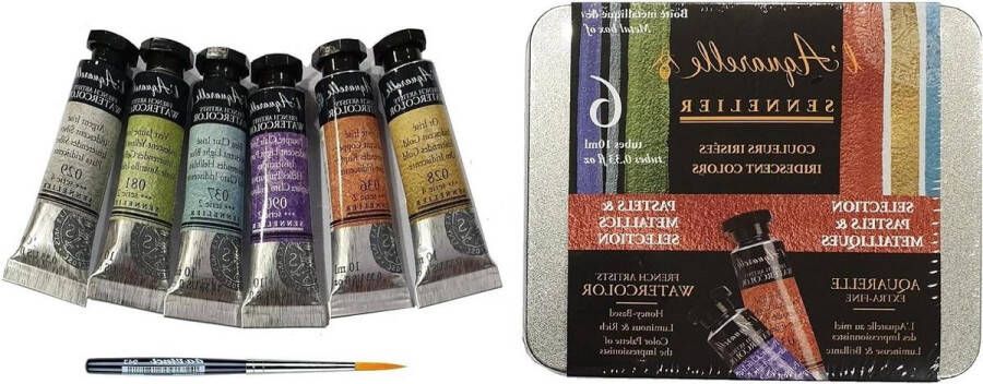 Glinsterende Aquarelverfset Extra Fijne Keuze Pastel en Metallic Metalen Doos 6 Kleuren 10 ml