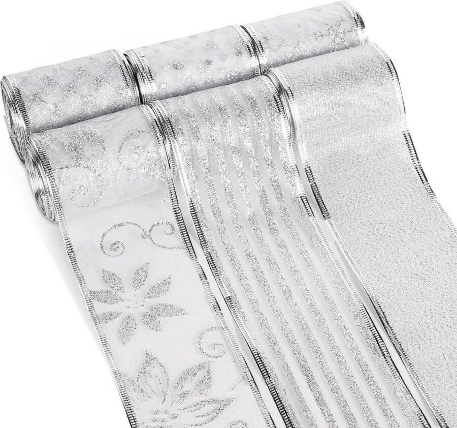 Glitter Kerstlinten Zilver Sneeuwvlok Bloemenpatroon 63cm Breed Kerstboomlint Knutselen Kransen Maken Cadeauverpakking 33m Totale Lengte