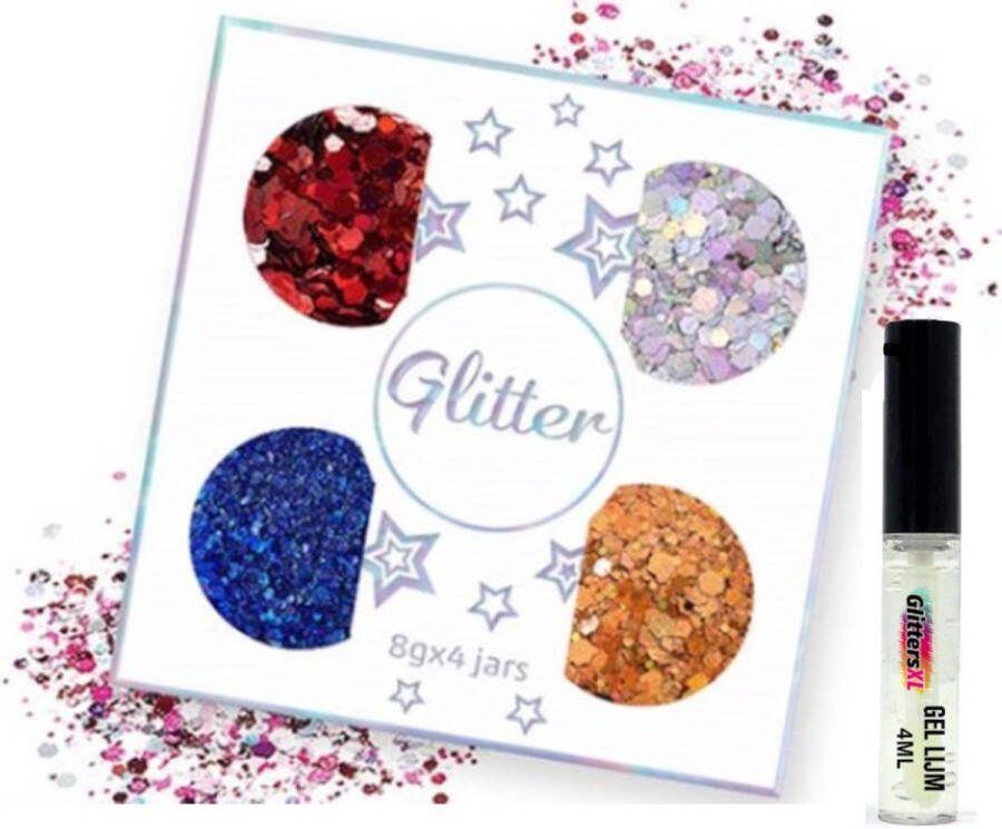GlittersXL Chunky Glitters Set van 4 (Rood Wit Blauw Oranje) + Huid Lijm Volume 8g per potje Festival Glitters Lichaam en Gezicht Face Body Kinderen Volwassenen Dames Mastix Nederland Holland WK Versiering Koningsdag smink schmink versiering
