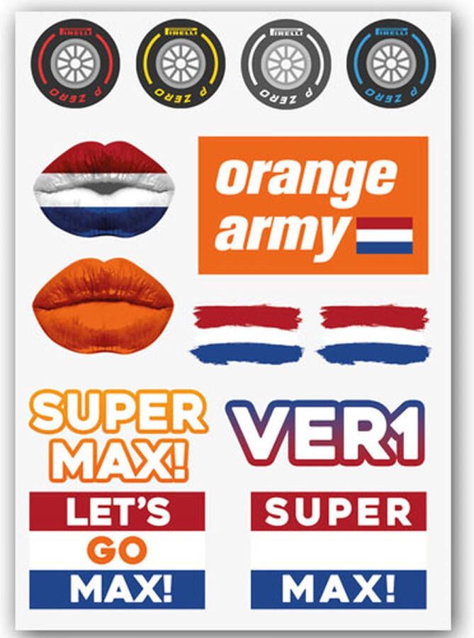 GlittersXL Temporary Tattoo Max #1 (A5 formaat) [Neptattoo Tijdelijke tatoeage Nep Fake Tattoos Water overdraagbare festival sticker henna outfit Glitter GP Volwassenen Kinderen Jongen Meisje Formule 1 Orange Army F1 Smink Schmink