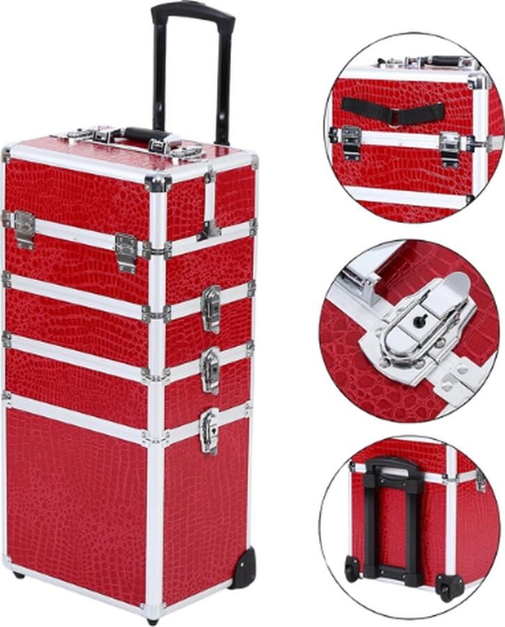 GlobeGoods Makeup trolley 4 In 1 Trolley- Kappers Make-Up Beauty Cosmetica Koffer Met Wielen Rood