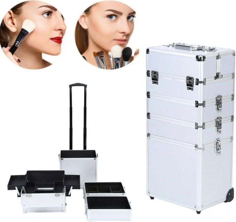 GlobeGoods Makeup trolley 4 In 1 Trolley- Kappers Make-Up Beauty Cosmetica Koffer Met Wielen Zilver
