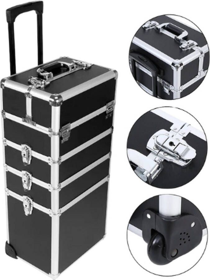 GlobeGoods Makeup trolley 4 In 1 Trolley- Kappers Make-Up Beauty Cosmetica Koffer Met Wielen Zilver Zwart