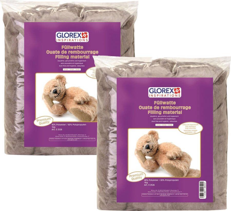 Glorex Hobby vulmateriaal 2x polyester 1 kilo gram voor knuffels kussens bruin donzig