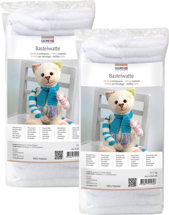 Glorex Hobby vulmateriaal wattevlies 2x wasbaar voor knuffels kussens kleding 1x kilo polyester watten laagjes vulwatten