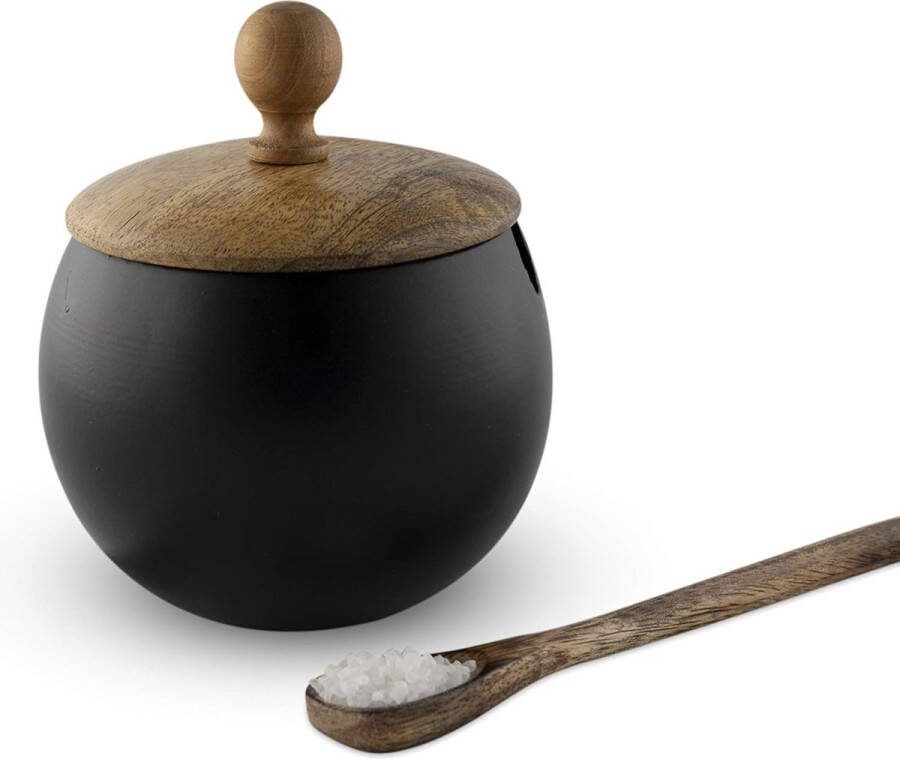 GoCraft Sugar Bowl with Wooden Lid and Spoon for Home and Kitchen Drum Shape (Matte Black)