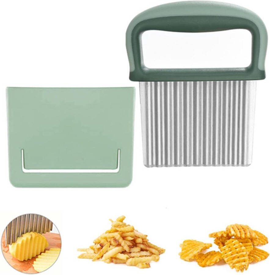 Golfsnijder voor friet en groente Roestvrij staal snijapparaat voor aardappel friet en salade met ribbelmes en bescherming (groen) Frietsnijder