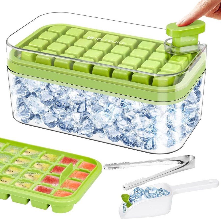 Goodfinds IJsblokjesbox siliconen Dreamtop IJsblokjeshouder met deksel en container 64 ijsblokjes IJsblokjesschaal 2 stuks Tang en schep Vriezer Groen Ice Pop Mold