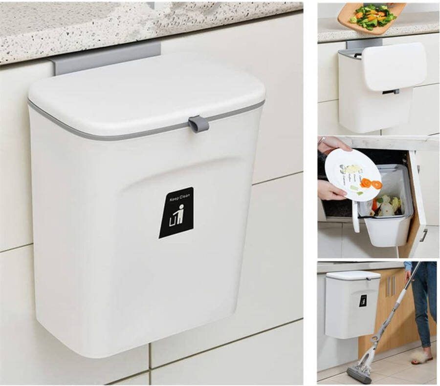 Goods Compostbak voor keuken -2 4 gallons 9L vuilnisbak voor onder de gootsteen hangende kleine prullenbak met deksel voor badkamer slaapkamer compostemmer binnenshuis (wit)