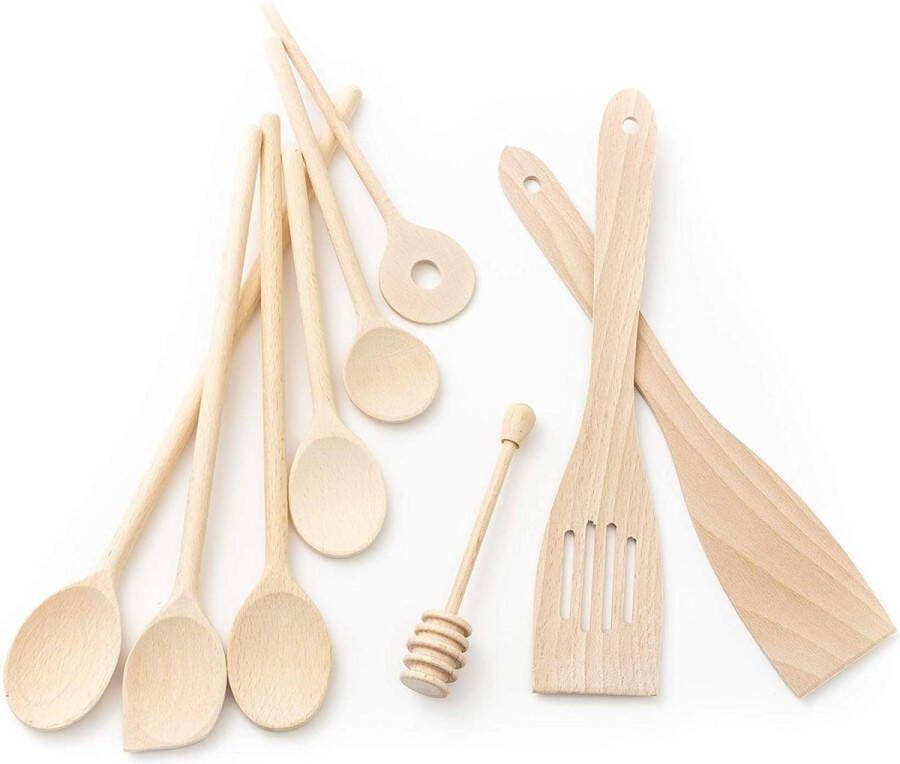 Goods Kitchen 9-delige Keukengereedschapset Hout Beuk Groot Klein (6x Kooklepels 18 cm 35 cm Lengte 2x Spatel Honinglepel)