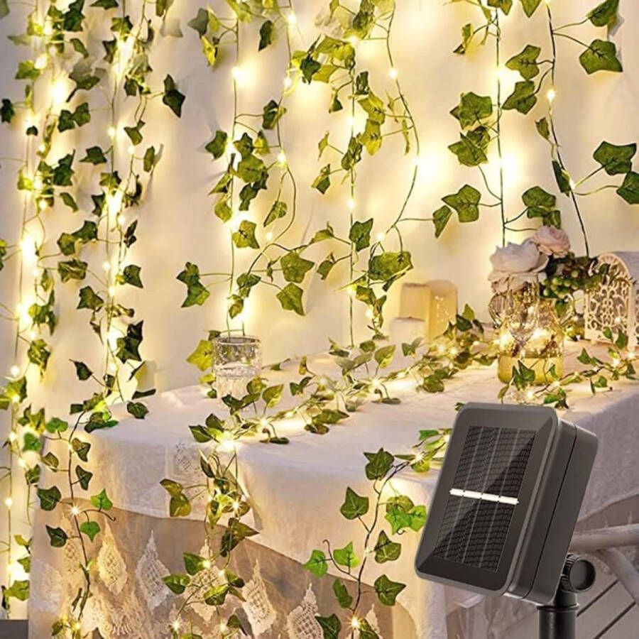 Goods Lichtsnoer voor Buiten 120 Warmwitte LED's Klimop Ontwerp 12 Meter Zonne-energie Lichtketting 8 Verlichtingsmodi Geschikt voor Tuin Balkon Feest Bruiloft Terras en Kerstmis