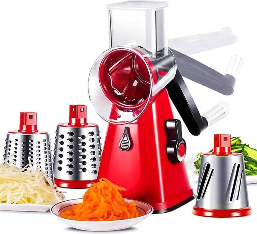 Goods Multifunctionele groente- en fruitsnijmachine roterende trommelrasp met 3 roestvrijstalen draaiende messen handmatig en veilig frezen snijmachine (rood)